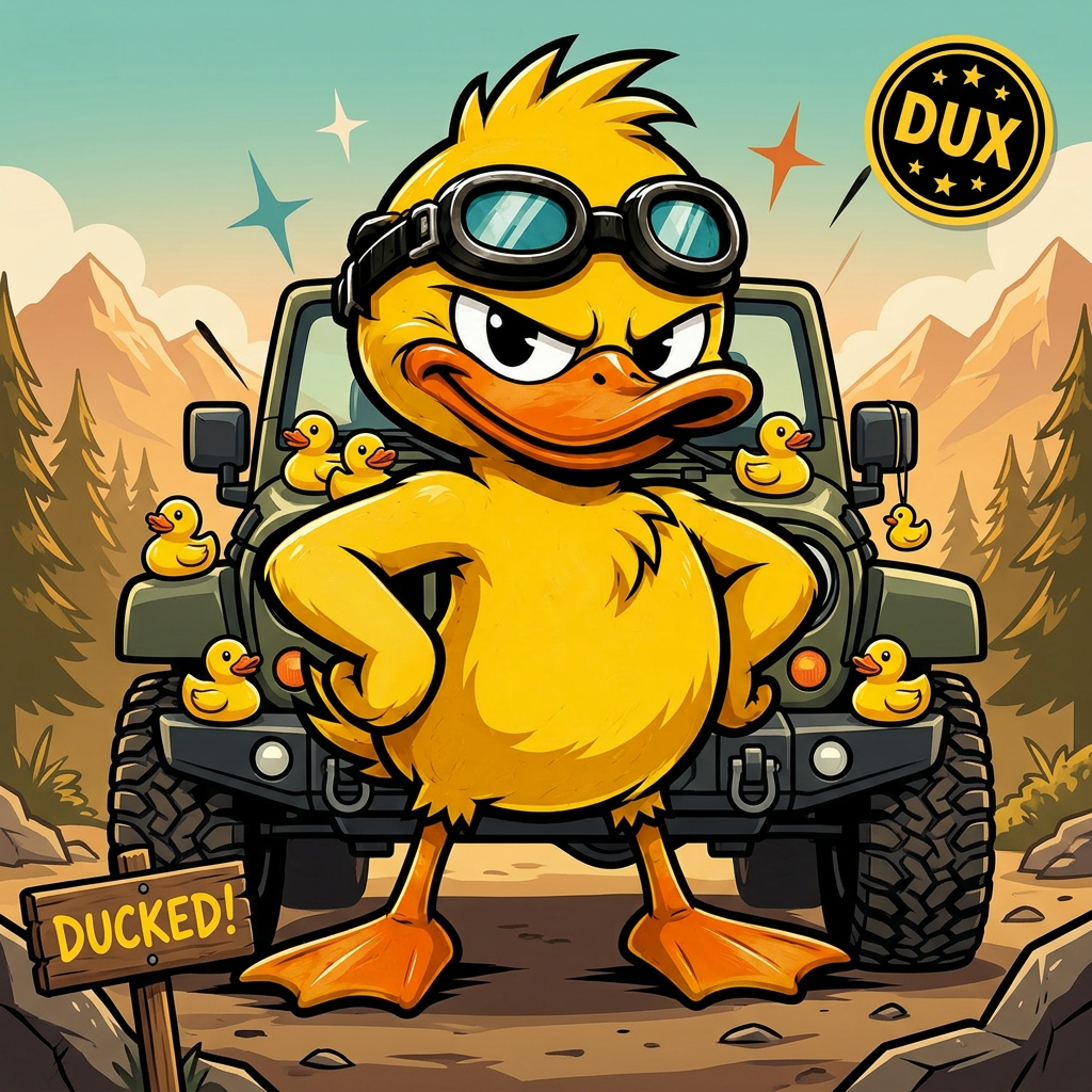 Dux the mascot duck standing in front of a rugged Wrangler-style off-road Jeep with smaller rubber ducks around it